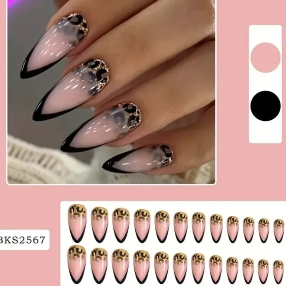 🔥3/$21 Chic Black Leopard print French tip Glossy finish Press On False Nails